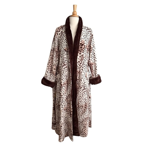 NATORI Animal Print Snow Leopard Plush Long Wrap Robe Loungewear Neutral Size XL - Picture 3 of 16